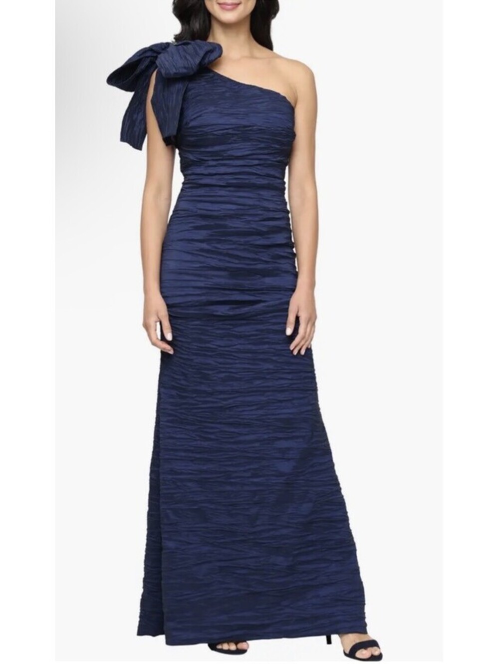 New Alex Evenings Bow Detail One-Shoulder Ruched Satin Gown In Navy Sz 10 $199
